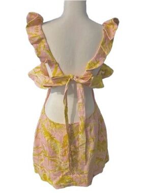 Zimmermann Open Back 100% Linen Pink Yellow/Gold Dress Floral Designer Large